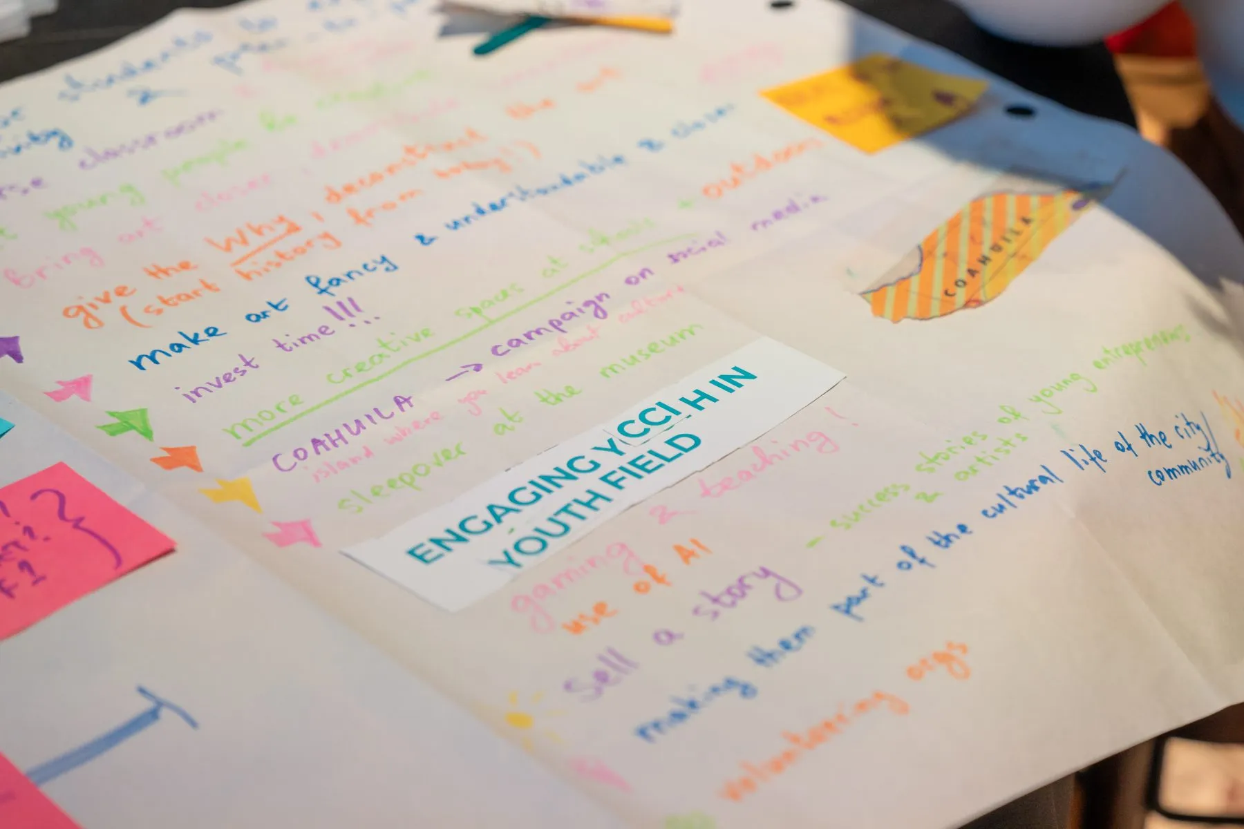 A handwritten poster with ideas for involving new generations in the cultural and creative sector